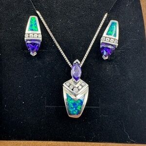 Blue Opal & Amethyst Earrings with Matching Pendant– Sterling Silver Jewelry Set